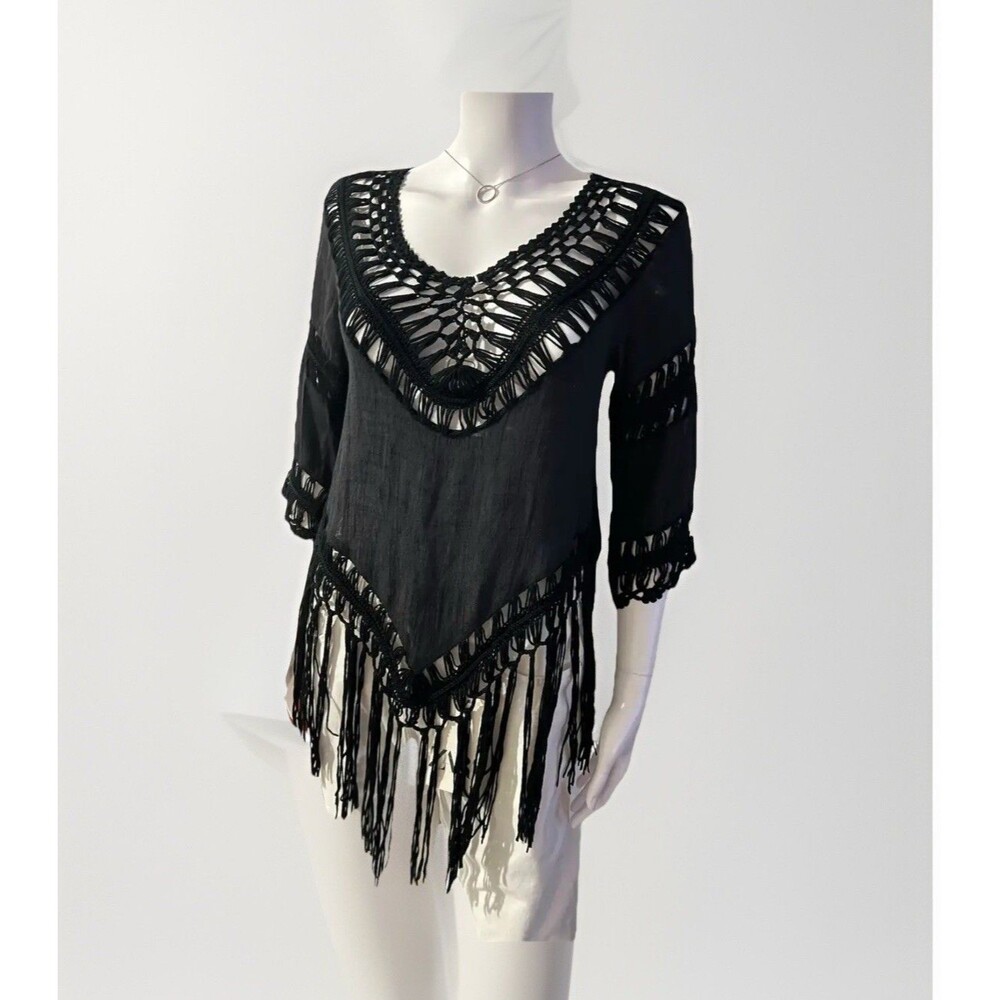 NWT Black Boho Fringe Crochet Poncho Cover Up Festival Coachella S/M